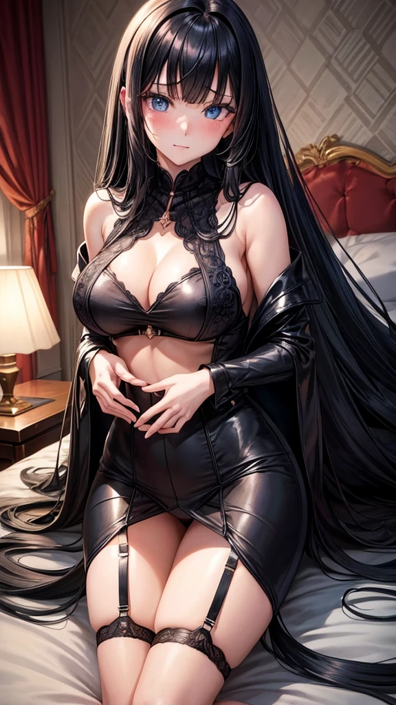 An illustration of a girl with an extremely large chest lying on a bed. She has long black hair in a hime cut with straight bangs and blue eyes. She is wearing a sexy bodysuit lingerie and has a blushing, embarrassed expression. Her chest is especially large and is a prominent feature. The background features a luxurious bedroom.missionary position