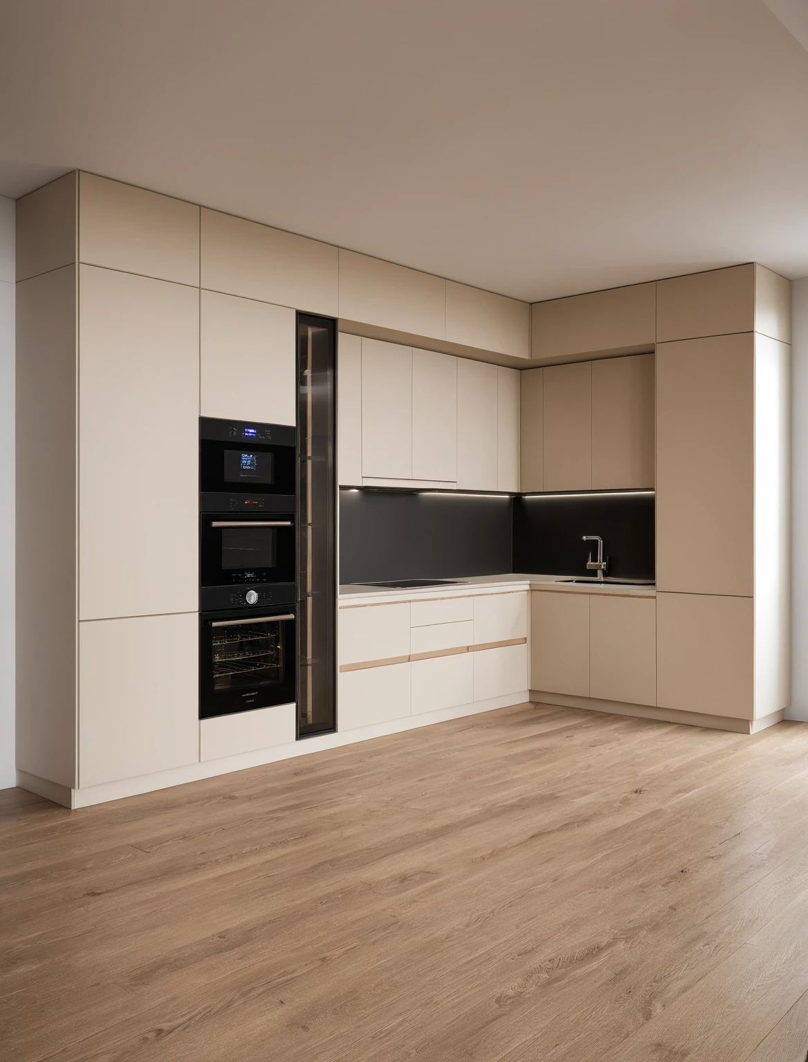 Raw photo,Masterpiece, high quality, best quality, authentic, super detail, interior , sunset, daylight, Kitchen Cabinets style modern, Induction cooker, sink, faucet, oven, built-in microwave, wooden floor, hood, wine cabinet, (beige and white tones)