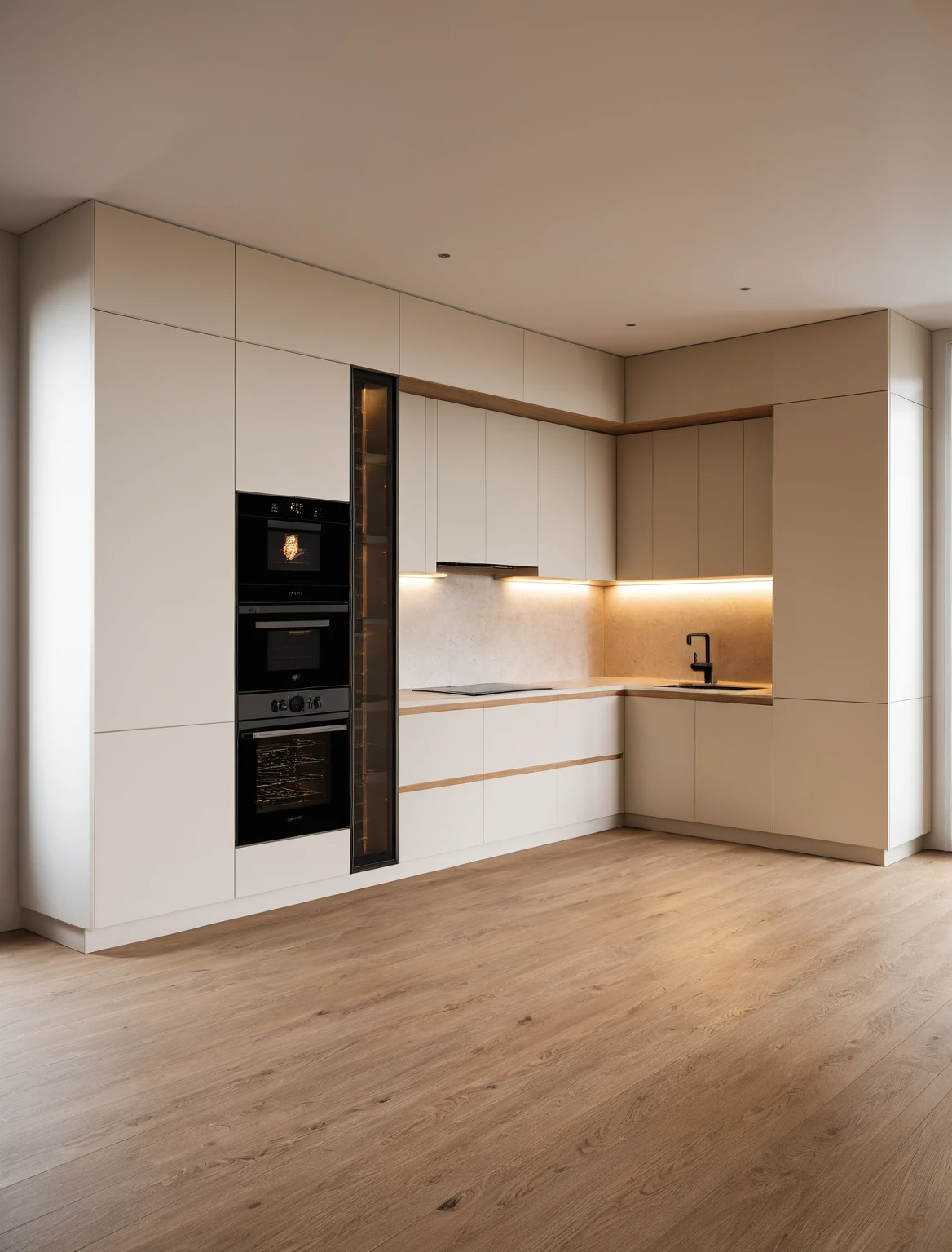Raw photo,Masterpiece, high quality, best quality, authentic, super detail, interior , sunset, daylight, Kitchen Cabinets style modern, Induction cooker, sink, faucet, oven, built-in microwave, wooden floor, hood, wine cabinet, (beige and white tones)