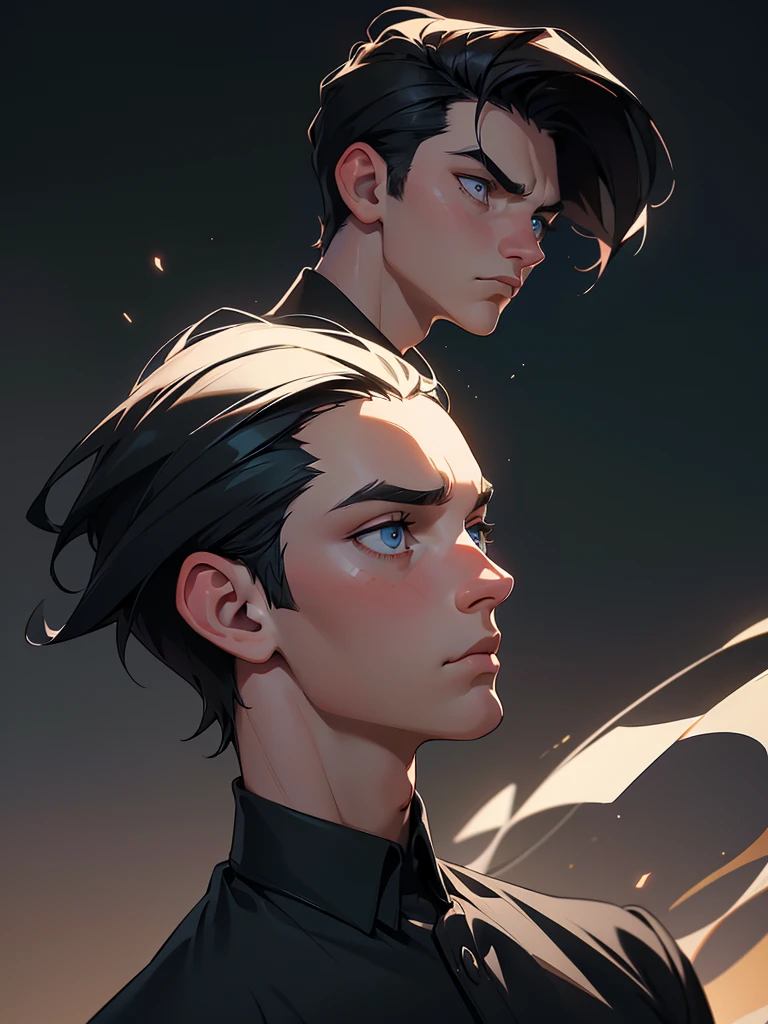 A 23 year old white man with short black hair and strands falling over his forehead, wearing a black shirt, with captivating eyes serious and  serious expression, cinematic lighting, intricate background, pastel color palette, dramatic atmosphere, high resolution, masterpiece, photorealistic, full body, seen from the side in profile