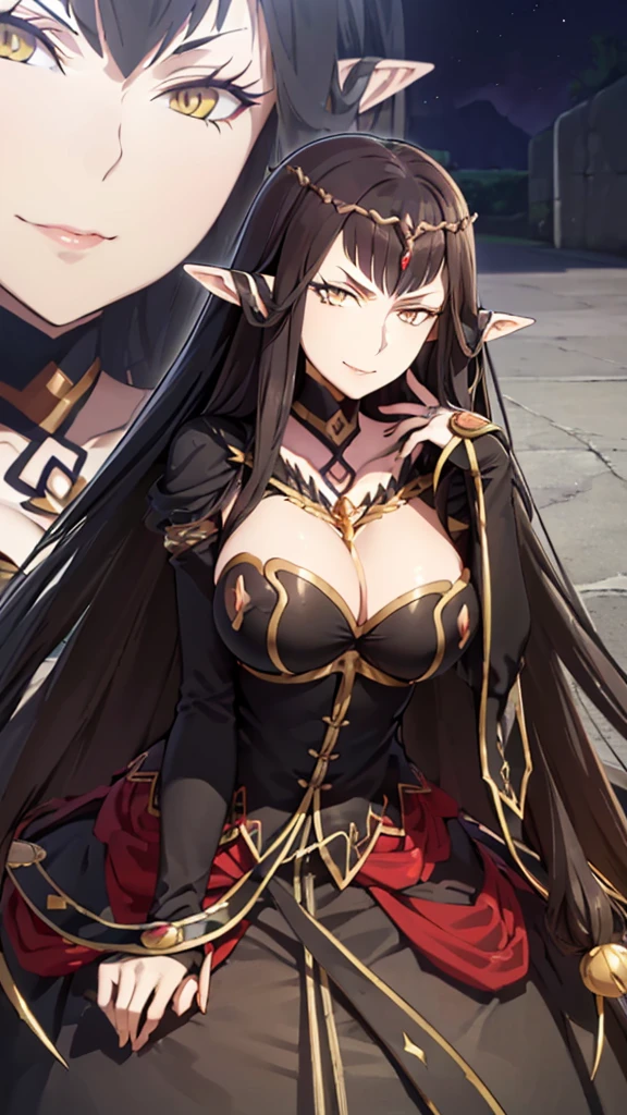 semiramis, (Mother:1.5), (Mature Woman:1.5), (absurderes, 8K, 4K, masutepiece, hyper extreme detailed:1.2), Best Quality, Perfect , Perfect face, Facing forward, High humidity, A happy smile, Gentle expression, peace of mind, relief, maternal, Night City,