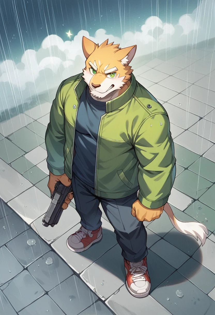 Masterpiece, Best Quality, absurd resolution, ultra detailed, perfect anatomy,
monomasa,
por canandne khai, for you.and.stars, (by DRKS:0.28), (by Pino Daeni:0.8),
furry, muscular male, lobo, well-built, Alone, green pupils, sneakers,
Jacket, dress, dynamic angle, high angle view, Blade, holding gun,
rain, cloudy, urban landscape,