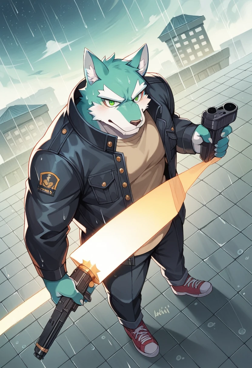 Masterpiece, Best Quality, absurd resolution, ultra detailed, perfect anatomy,
monomasa, 
por canandne khai, for you.and.stars, (by DRKS:0.28), (by Pino Daeni:0.8),
furry, muscular male, lobo, well-built, Alone, green pupils, sneakers, 
Jacket, dress, dynamic angle, high angle view, Blade, holding gun, 
rain, cloudy, urban landscape, 