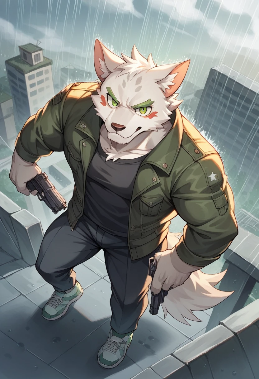 Masterpiece, Best Quality, absurd resolution, ultra detailed, perfect anatomy,
monomasa,
por canandne khai, for you.and.stars, (by DRKS:0.28), (by Pino Daeni:0.8),
furry, muscular male, lobo, well-built, Alone, green pupils, sneakers,
Jacket, dress, dynamic angle, high angle view, Blade, holding gun,
rain, cloudy, urban landscape,