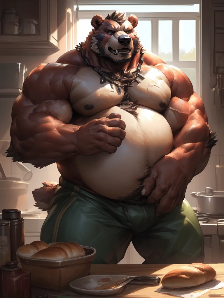 lindong, lucusold, a man with a huge muscular and fat bear making a bread in kitchen , ((muscular, musclegut, belly)), thicc, giant and muscular, danbooru and artstation, heavy detailed, insanely inflated hips, proportionally arms, commission for high res, detailed but rough, semirealistic:1.3