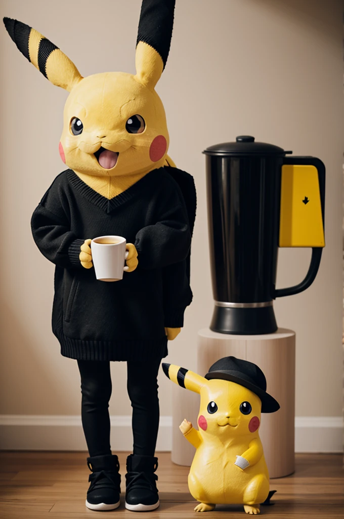 Generates an image of a Pikachu with a black sweater and hat drinking coffee and standing on 2 legs