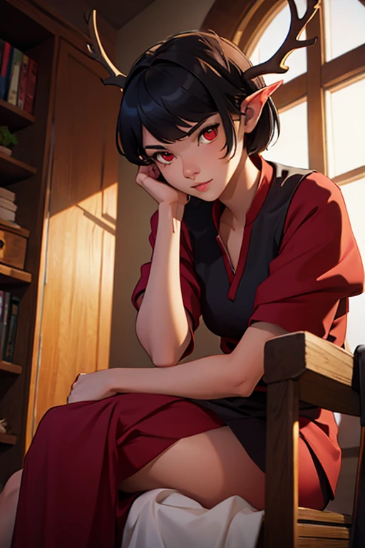 Girl with long pointed ears, short black hair, duendecillo haircut, Red eyes, antlers on the head, dressed in a  sitting while bored at school