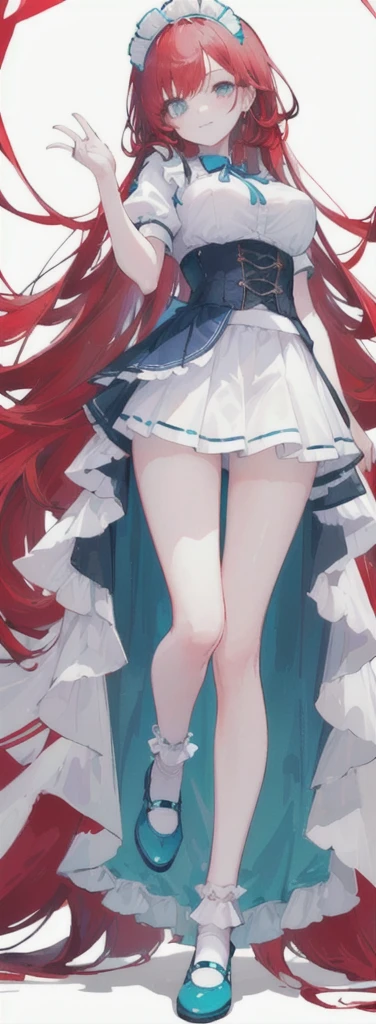 (long beautiful red hair) cyan eyes, (Eyes behind long bangs) big breasts, using accessories (using socks) perfect shiny beautiful cyan shoes (Wearing luxurious palace maid clothes Perfect perfect noble) Pose facing sideways (Girl1, straight hair not too long, bangs covering one eye, soft face, gentle smile) ((Standing position with long legs, bare thighs, image position visible from bottom of feet to top of head) long red hair, beautiful cyan eyes (Free pose, right hand down, left hand down, ((Free pose))smile kawai, (blank white background) Wearing a blue corset, (Using a beautiful bright blue ribbon) Kawai shy cute eyes (cyan colored shoes must be shiny, Must wear short white socks) ((short skirt)) short sleeves (image according to tag)