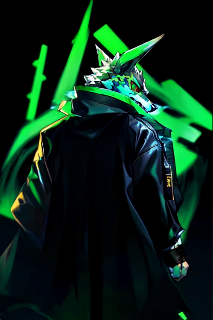 monomasa, Alone, thin man, 
Jacket, cola, SMILE, 
green eyes, red sclera, black pupils, (yellow eye shadow:0.8),
looking at the viewer, motion trail, Turning, Turning around, 
grid background, dark background, abstract background, Green theme, 
por zixiong, (by kamyuelo:0.8), by kiyosan, por tupid withouts, by null ghost, 
perfect anatomy, Best Quality, decolaed eyes, 
