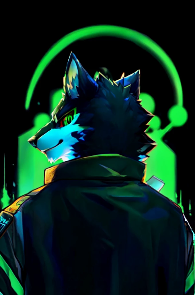 monomasa, Alone, thin man, 
Jacket, cola, SMILE, 
green eyes, red sclera, black pupils, (yellow eye shadow:0.8),
looking at the viewer, motion trail, Turning, Turning around, 
grid background, dark background, abstract background, Green theme, 
por zixiong, (by kamyuelo:0.8), by kiyosan, por tupid withouts, by null ghost, 
perfect anatomy, Best Quality, decolaed eyes, 
