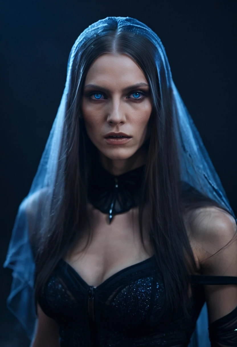 Fashionable of androgynous alien looking witch wearing veil, glowing eyes, beautiful evil slavic muscular woman, pale skin, long hair, futuristic design, minimal details, givenchy, photoreal, 200mm, hd, f/ 2.0, highly detailed, surreal, sitting, light smile, simple black stylish clothes, a slight smiledrop dead, in the style of red and blue, (intricate details, hyperdetailed:1.15) (skin texture:1.2), cinematic, professional, 4k, (((dynamic model pose))), sitting, full body, mesmerizing, dynamic, dramatic, sensual, dynamic pose, highly detailed skin with hair, subcutaneous veins, light and shadow play, highly detailed,24mm photograph, film, bokeh, professional, 4k,