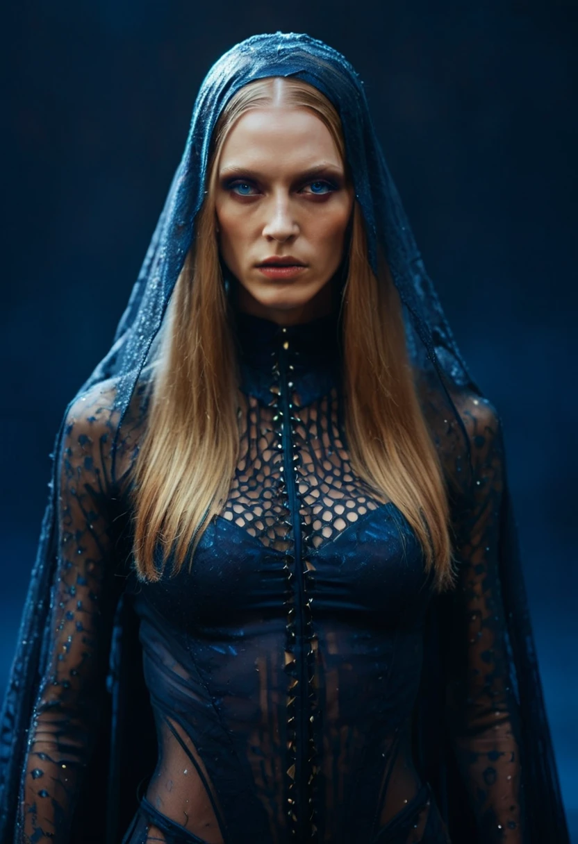 Fashionable of androgynous alien looking witch wearing veil, glowing eyes, beautiful evil slavic muscular woman, pale skin, long dark blond hair, futuristic design, minimal details, givenchy, photoreal, 200mm, hd, f/ 2.0, highly detailed, surreal , drop dead, in the style of red and blue, (intricate details, hyperdetailed:1.15) (skin texture:1.2), cinematic, professional, 4k, dynamic model pose, sitting, full body