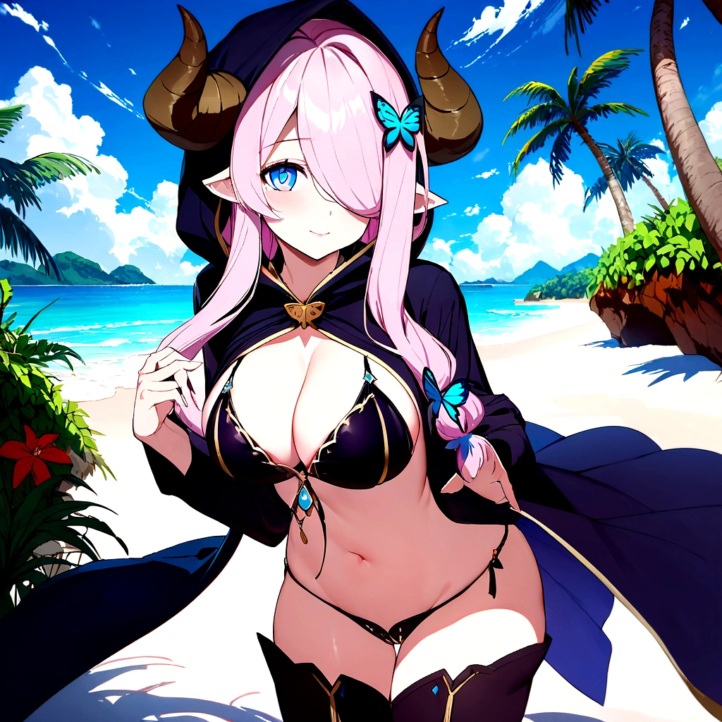 Vibrant, high-definition anime-style illustration set on a tropical beach. The layout features a central female character, Narmaya, with long pink hair, partially covered by a hooded cloak adorned with brown horns. She has fair skin, large expressive blue eyes and pink pupils, and a small blue butterfly hair clip. One eye is covered by her hair. The character is wearing a revealing black bikini with gold accents, and her hands are holding the edges of her cloak. The background showcases a pristine beach with white sand, lush green foliage, and tall palm trees. The clear blue sky and turquoise ocean complete the idyllic setting, with distant islands visible on the horizon. Narmaya and her attire are meticulously detailed. The intense effort put into shading brings this image to a realistic style. Gorgeous vibrant colors draw the eye. Narmaya's suggestive stance brings the viewers focus to her large and perfectly shaped breasts. (masterpiece), best quality, expressive eyes, perfect face, suggestive pose, purple and pink background, seductive, fantasy, 8k, absurdres, narmaya, pink hair, blue eye with pink pupil, hair over eye, draph, horns, butterfly hair clip, black bikini, hood, defined hands, perfect hands, perfect fingers,