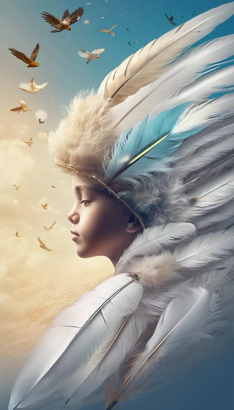 Create a professional, fantastic, cinematic dream-like Youtube Banner for a brand about music, stories, fantasy and dreams called " Penamemoria". Masterpiece, 4k, sharp focus, highest quality,wide shot. The title is " Penamemoria". Is a brand about the creative, unique journey of a boy into becoming a musician storyteller. In his journey he finds inspiration in a world of birds and feathers. Minimalistic, simple, poetic, dreamy logotype at the center of the image. The Background image is a world full of fantastic feathers, unique birds, light blue sky, soft white and light golden. Logo design of a face of a boy and a face of a feather

