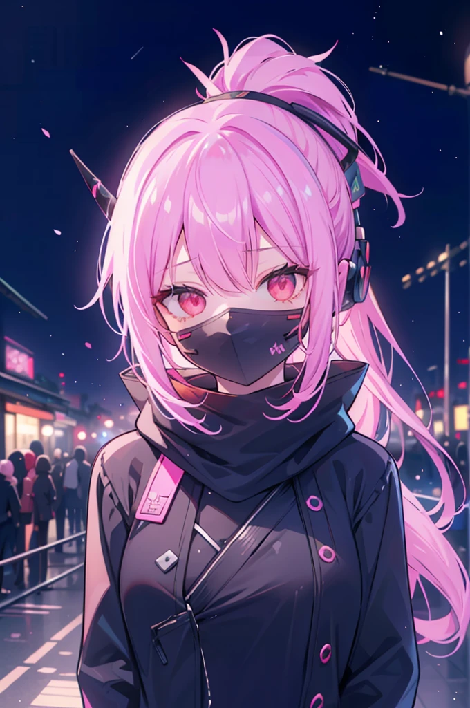 upper body, 1girl, wallpaper, light particles, city, night, background, scarf, look at viewer, (ninja), pink hair, long hair, ponytail, demon horn, demon tail, , red eyes, cybermask2023
