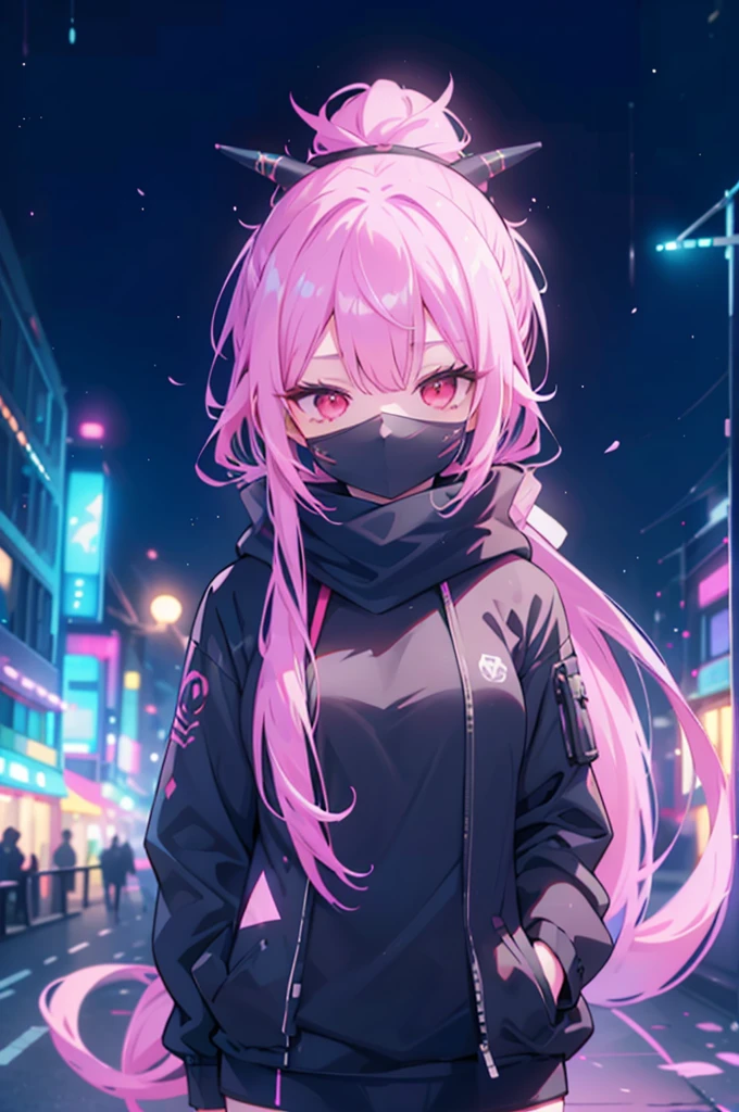 upper body, 1girl, wallpaper, light particles, city, night, background, scarf, look at viewer, (ninja), pink hair, long hair, ponytail, demon horn, demon tail, , red eyes, cybermask2023
