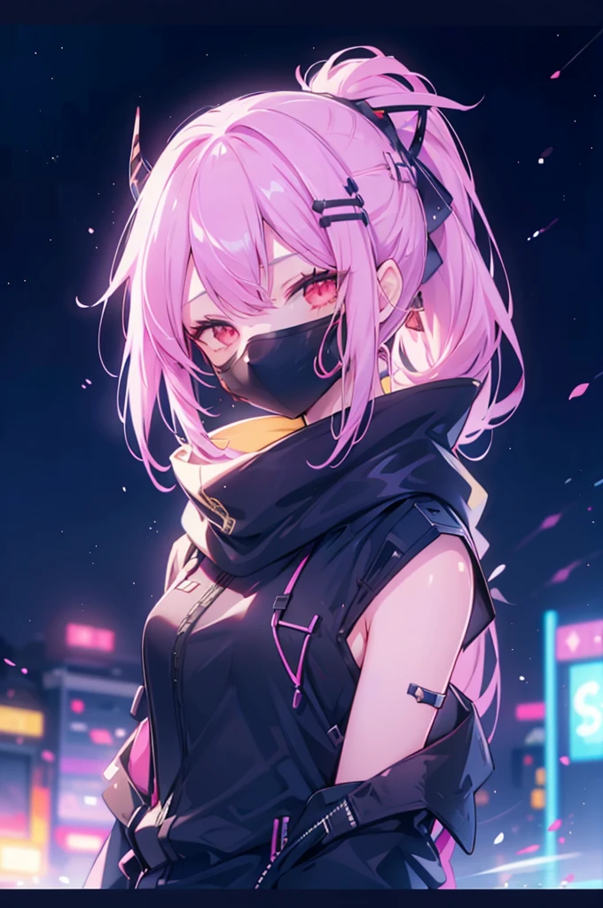 upper body, 1girl, wallpaper, light particles, city, night, background, scarf, look at viewer, (ninja), pink hair, long hair, ponytail, demon horn, demon tail, , red eyes, cybermask2023
