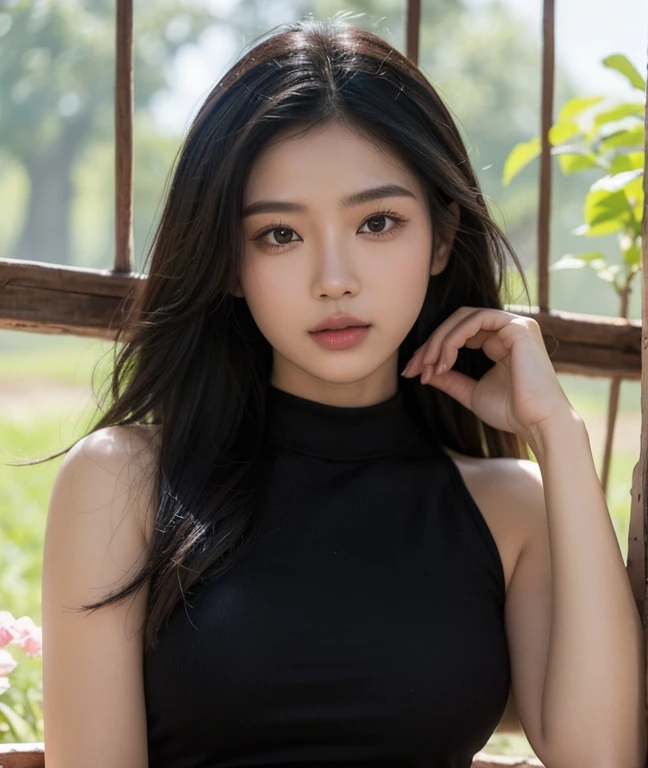Southeast Asian long-haired woman with a round face, Double eyelids, big eyes, black eyes, Chest 38 inches, Thai anime,Age 25 30 years, realistic, Long-haired woman with a round face, Red cheeks, Pink cheeks, black eyes ตาสองชั้น, black eyes, Thai anime, ponytail woman, flowing black hair, long flowing black hair, she has black hair, Her black hair was long and wavy., beautiful black hair, Extra dark natural black hair, The shirt is tight., Looks hot., ,black eyes,abdominal muscles, rounded chest, outdoor, The background is a rice field., There is an old thatched Thai-style hut in the background., The evening sun shines, beautiful female model, jaw-dropping beauty, Realistic, wide open aperture, professional lighting, Sony A7R4, 50 mm lens. 2 ; Warm light, (digital painting, HDR, high contrast, (digital painting, HDR, high contrast), 3d, 8K, 45,000,000 pixcls,