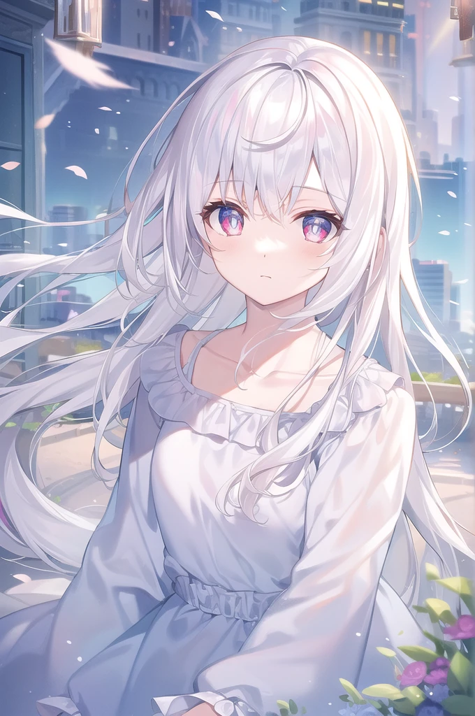 ((masterpiece, best quality))++, Detailed lighting+,  Detailed hair+, Detail hand+ ,1 girl, Miss, Long hair,   Crimson eyes,  beautiful eyes, young white hair,,(Beautiful white hair:1.5),(Beautiful and delicate eyes),  high resolution+,glass tint, Reflective eyes,   {{angle}} , Very detailed wallpaper, The original, ,Sea of Flowers，Air bangs，city road，Extremely beautiful CG，