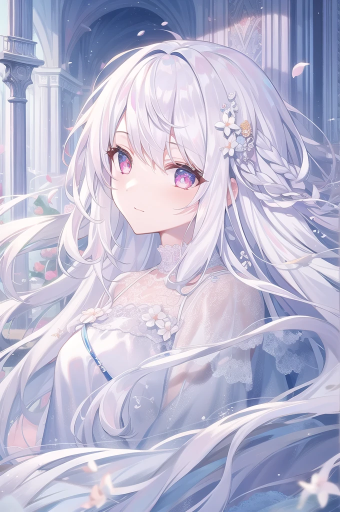 ((masterpiece, best quality))++, Detailed lighting+, Detailed hair+, Detail hand+ ,1 girl, Miss, Long hair, Crimson eyes, beautiful eyes, young white hair,,(Beautiful white hair:1.5),(Beautiful and delicate eyes), high resolution+,glass tint, Reflective eyes, {{angle}} , Very detailed wallpaper, The original, ,Sea of Flowers,Air bangs,city road,Extremely beautiful CG,