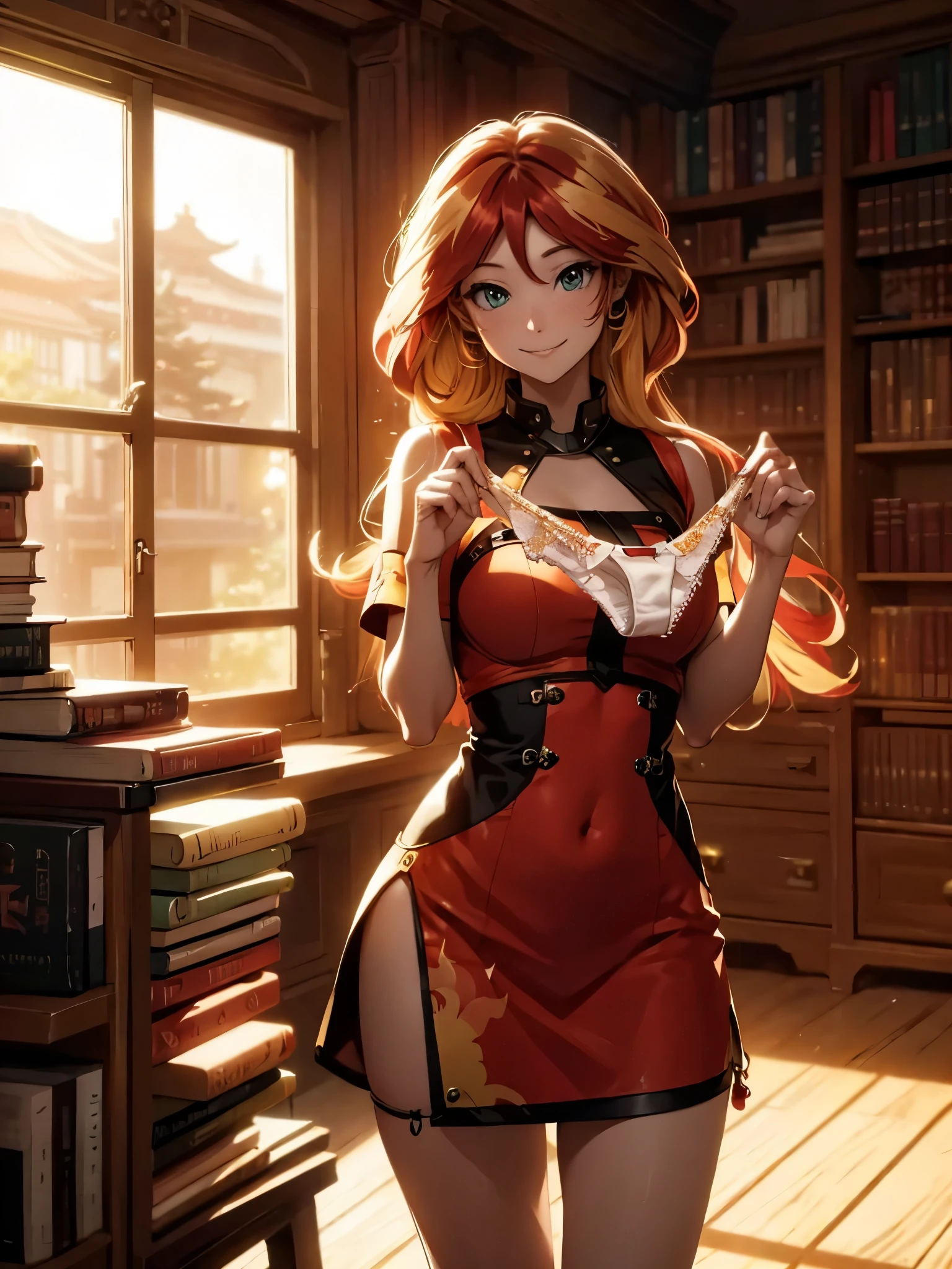 sunsethuman, female, two tones of hair, red and yellow hair, smiling, short dress, holding panties, library, presenting panties
