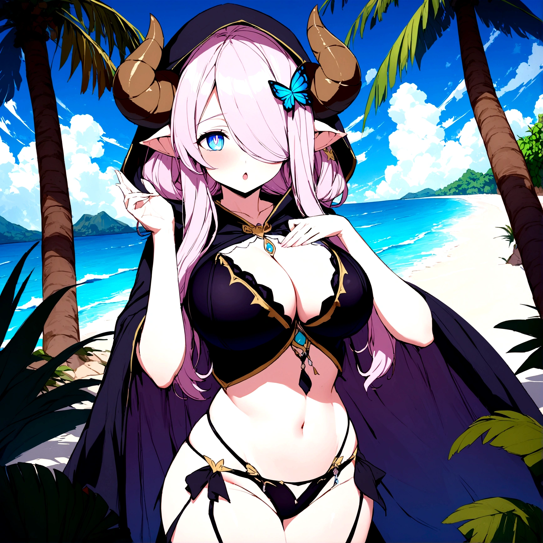 Vibrant, high-definition anime-style illustration set on a tropical beach. The layout features a central female character, Narmaya, with long pink hair, partially covered by a hooded cloak adorned with brown horns. She has fair skin, large expressive blue eyes and pink pupils, and a small blue butterfly hair clip. One eye is covered by her hair. The character is wearing a revealing black bikini with gold accents, and her hands are holding the edges of her cloak. The background showcases a pristine beach with white sand, lush green foliage, and tall palm trees. The clear blue sky and turquoise ocean complete the idyllic setting, with distant islands visible on the horizon. Narmaya and her attire are meticulously detailed. The intense effort put into shading brings this image to a realistic style. Gorgeous vibrant colors draw the eye. Narmaya's suggestive stance brings the viewers focus to her large and perfectly shaped breasts. (masterpiece), best quality, expressive eyes, perfect face, suggestive pose, purple and pink background, seductive, fantasy, 8k, absurdres, narmaya, pink hair, blue eye with pink pupil, hair over eye, draph, horns, butterfly hair clip, black bikini, hood, defined hands, perfect hands, perfect fingers,