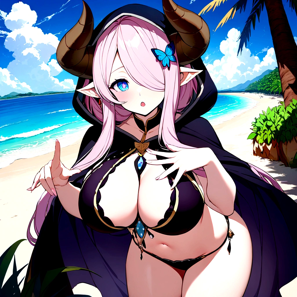 Vibrant, high-definition anime-style illustration set on a tropical beach. The layout features a central female character, Narmaya, with long pink hair, partially covered by a hooded cloak adorned with brown horns. She has fair skin, large expressive blue eyes and pink pupils, and a small blue butterfly hair clip. One eye is covered by her hair. The character is wearing a revealing black bikini with gold accents, and her hands are holding the edges of her cloak. The background showcases a pristine beach with white sand, lush green foliage, and tall palm trees. The clear blue sky and turquoise ocean complete the idyllic setting, with distant islands visible on the horizon. Narmaya and her attire are meticulously detailed. The intense effort put into shading brings this image to a realistic style. Gorgeous vibrant colors draw the eye. Narmaya's suggestive stance brings the viewers focus to her large and perfectly shaped breasts. (masterpiece), best quality, expressive eyes, perfect face, suggestive pose, purple and pink background, seductive, fantasy, 8k, absurdres, narmaya, pink hair, blue eye with pink pupil, hair over eye, draph, horns, butterfly hair clip, black bikini, hood, defined hands, perfect hands, perfect fingers,