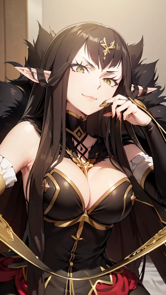 semiramis, (absurderes, 8K, 4K, masutepiece, hyper extreme detailed:1.2), Best Quality, Perfect Anatomy, Perfect face, Facing forward, High humidity, A happy smile, Gentle expression, peace of mind, relief, maternal, Bedroom, 