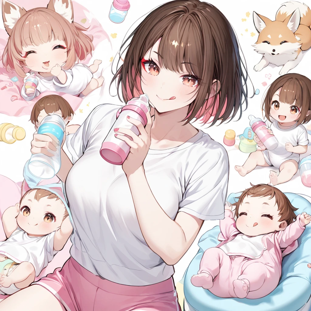 Pink hot pants, white T-shirt, brown hair, short hair, tongue out, smiling, baby bottle, White Little Fox, red makeup, girl