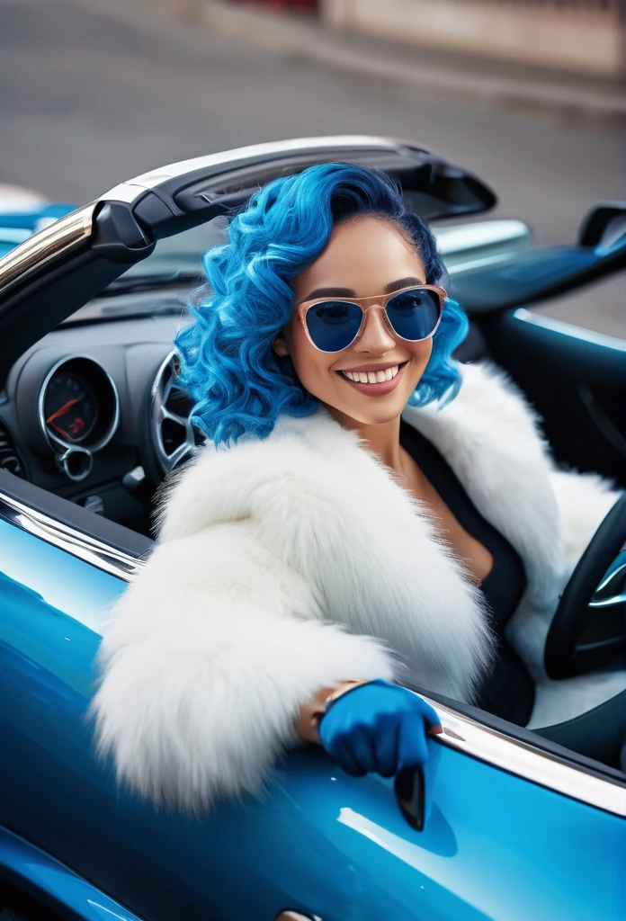 a smiling beautiful biracial woman, driving a blue sports car, wearing sunglasses, a white fur coat, blue hair, (best quality,4k,8k,highres,masterpiece:1.2),ultra-detailed,(realistic,photorealistic,photo-realistic:1.37),beautiful detailed eyes,beautiful detailed lips,extremely detailed eyes and face,longeyelashes,intricate ornate details,luxurious,elegant,atmospheric lighting,cinematic composition,dramatic lighting,vivid colors,vibrant,dramatic,high fashion,glamorous,seductive,automotive,transportation,vehicle,car,sports car,luxury,rich,wealthy,fashionable,stylish,striking