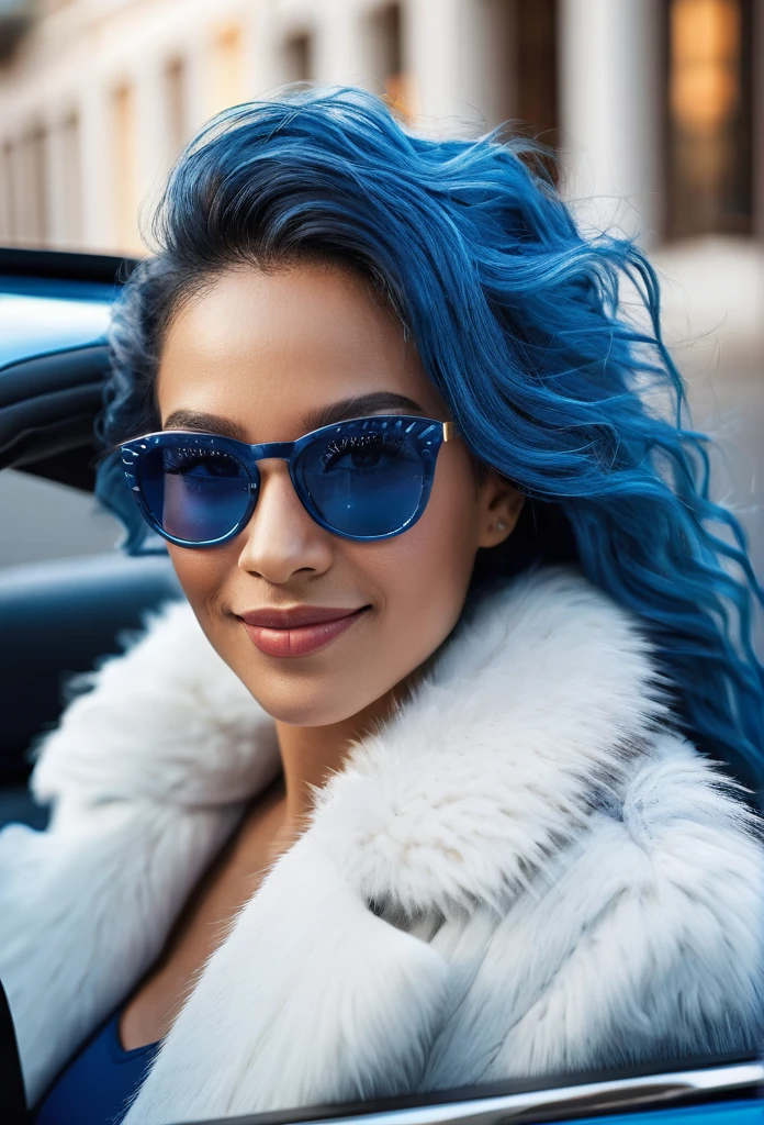 a smiling beautiful biracial woman, driving a blue sports car, wearing sunglasses, a white fur coat, blue hair, (best quality,4k,8k,highres,masterpiece:1.2),ultra-detailed,(realistic,photorealistic,photo-realistic:1.37),beautiful detailed eyes,beautiful detailed lips,extremely detailed eyes and face,longeyelashes,intricate ornate details,luxurious,elegant,atmospheric lighting,cinematic composition,dramatic lighting,vivid colors,vibrant,dramatic,high fashion,glamorous,seductive,automotive,transportation,vehicle,car,sports car,luxury,rich,wealthy,fashionable,stylish,striking