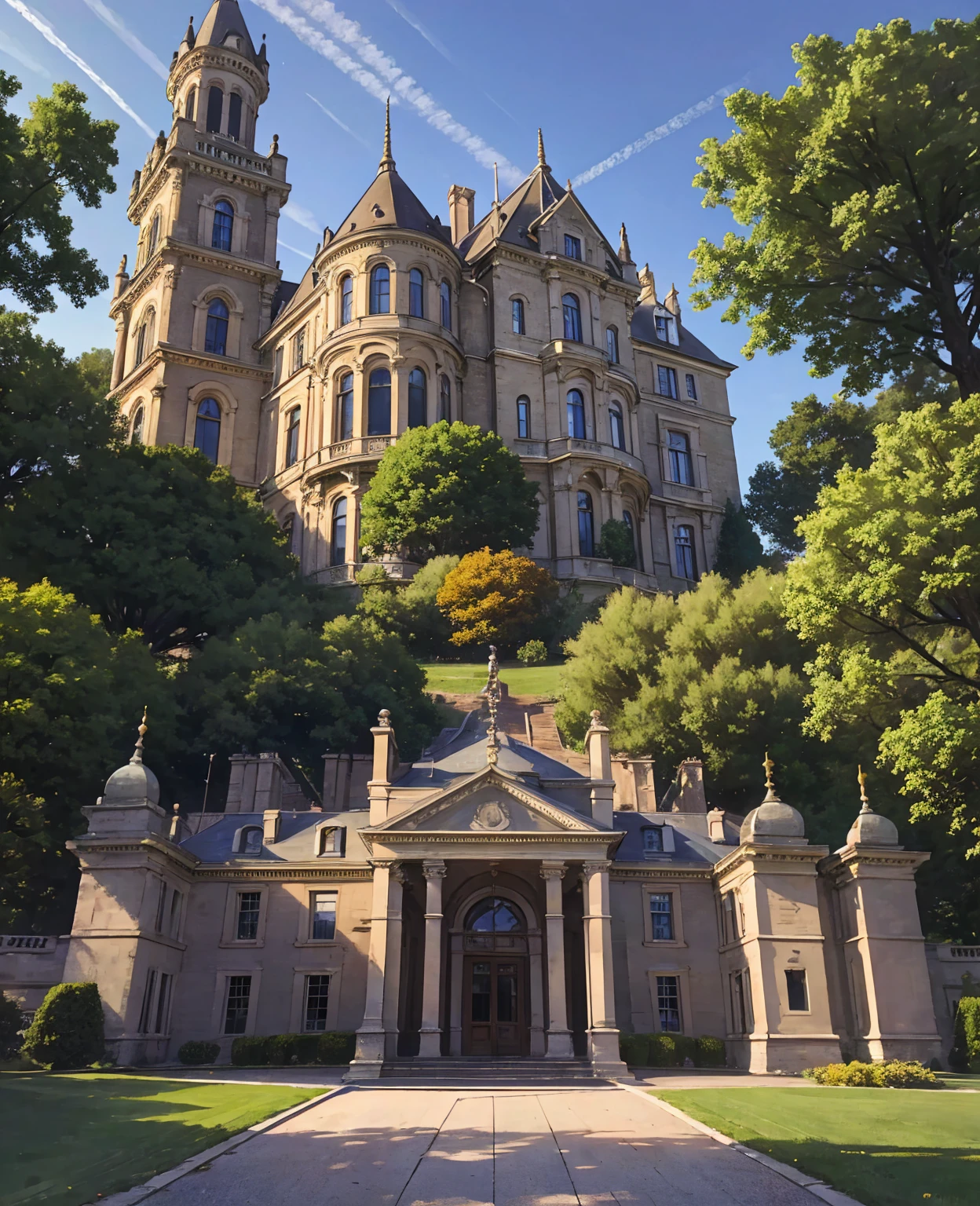 (Photo-realism), (Best quality, masterpiece, full of details), mansion with two towers, many trees, Colorful garden, flower pots, old mansion, white stone path, green grass, blue sky, sunshine, brown brick mansion, ultra HD