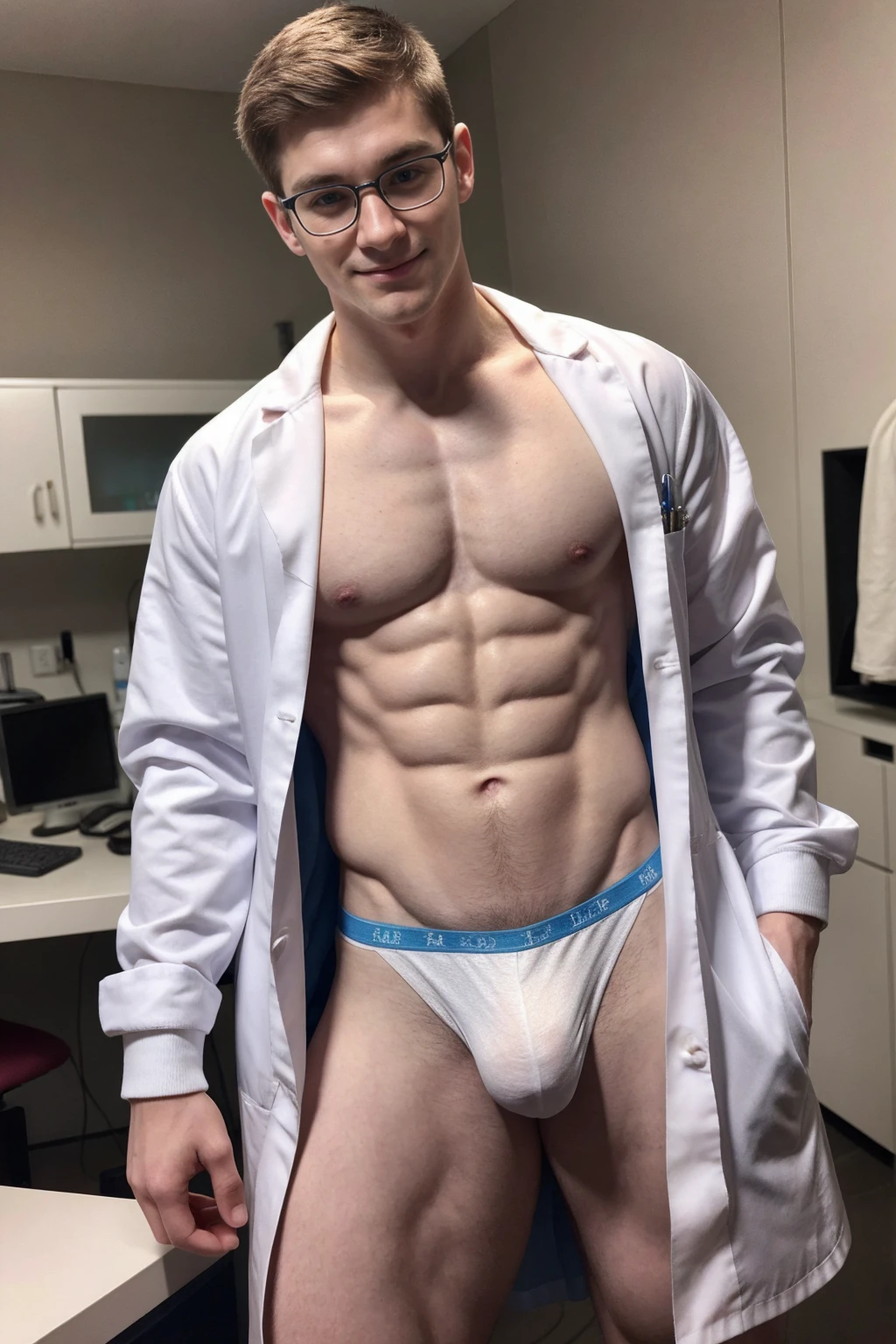 1boy, (Blue Eyes), happy smile,American boy,18 years old,Wear glasses,man hot nerd,young, thick body, slender, sport body build, child-like,White  boy ,Young man in lab coat standing in front of a libeary, medic, vestindo camiseta, lab coat, surgeon, wearing lab coat , wearing white colors micro thong with medium bulge,pale skin, skinny, good lighting, very pale skin, light skin, model with attractive body,medium bulge and medium butts,(Best quality, 8k, Masterpiece). High Detail , superior quality, natural lighting, beautiful, sexy, correct anatomy, good composition,realistic shapes, realistic skin tones,Natural eyes,realistic eyes,looking up at viewer,vpl,realistic muscles,Realistic wrinkles on the skin,Realistic arms and legs,Realistic face,realistic hair,Make a sexy and seductive face, Clear Focus: 1.2, Perfect Body virile: 1.4 , Slender Abs: 1.2, Highly detailed face and skin texture, detailed eyes, double eyelids, big upper lip, man focus,amazing composition, front view, HDR, volumetric lighting, ultra quality, elegant,Post a erotic photoshoot,Realistic pose,detailed hair,full body,Fujifilm XT3 photorealistic art by midjourney