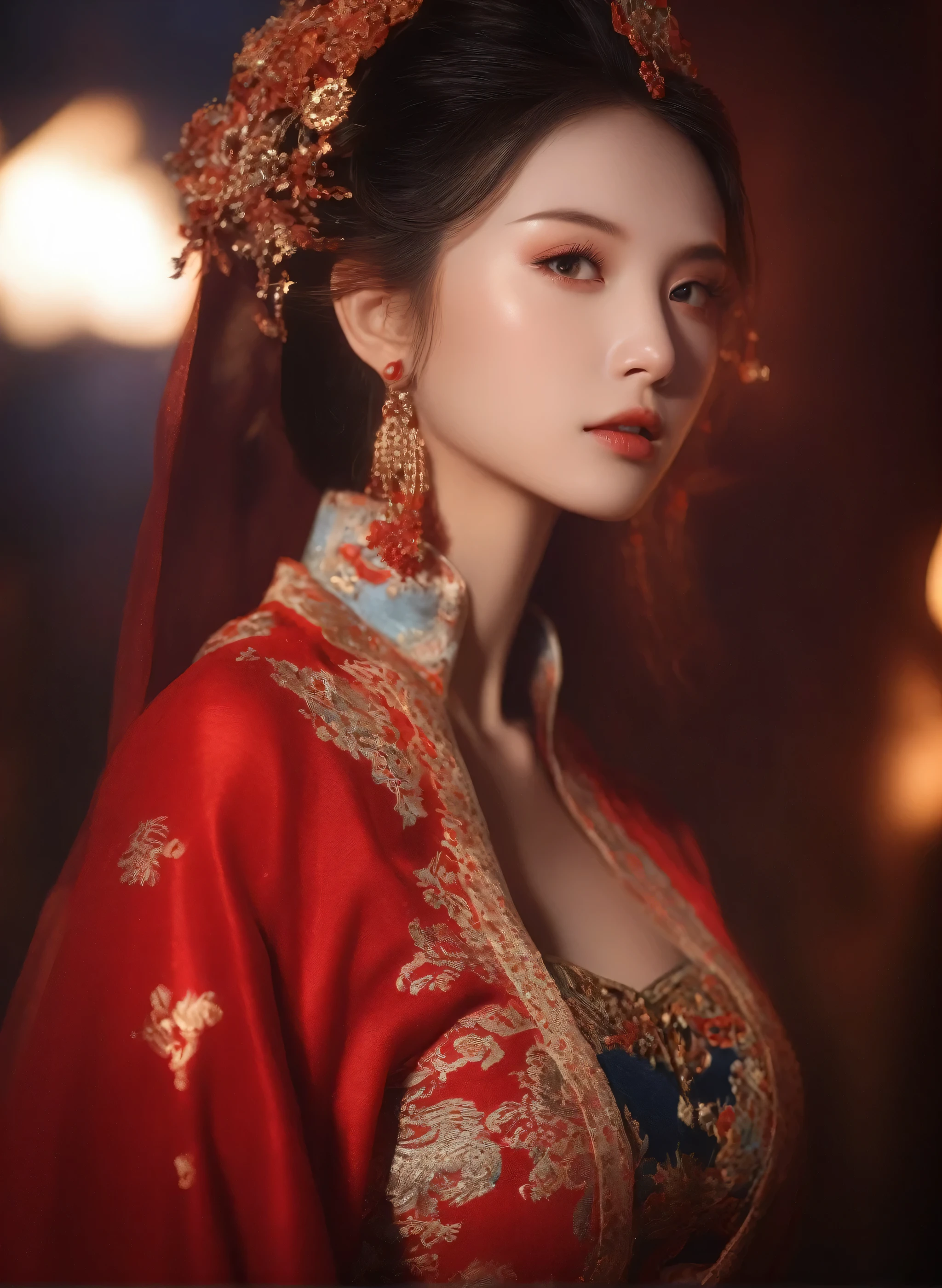 (masterpiece, best quality, Very detailed, The best shadow), (Detailed background), (Delicate face), High contrast, (Optimal lighting, Extremely refined), Colorful, Extremely detailed, Dramatic lighting, Beautiful background, Intricate details, (1 girl, Solitary, Colorful hair, Pointed face, Red Eyes, Hair between the eyes, Dynamic Angle, Red clothes), Looking at the audience, Blood,(Broken Gek Ring, in the room, whole body, Delicate eyes, beautiful eyes, 8K, 4K, best quality, masterpiece, beautiful eyes, realism