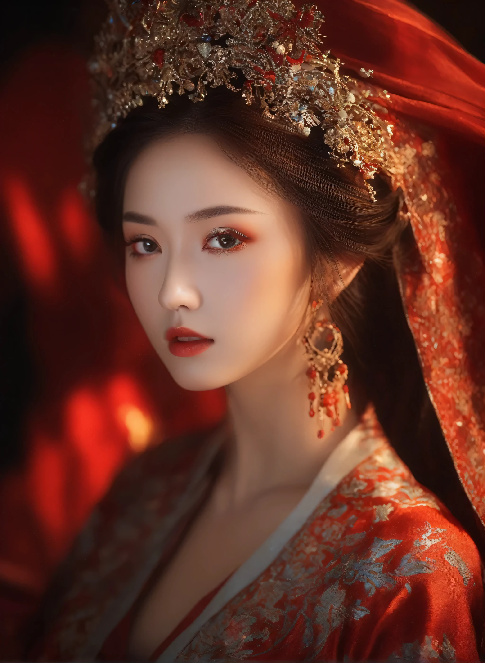 (masterpiece, best quality, Very detailed, The best shadow), (Detailed background), (Delicate face), High contrast, (Optimal lighting, Extremely refined), Colorful, Extremely detailed, Dramatic lighting, Beautiful background, Intricate details, (1 girl, Solitary, Colorful hair, Pointed face, Red Eyes, Hair between the eyes, Dynamic Angle, Red clothes), Looking at the audience, Blood,(Broken Gek Ring, in the room, whole body, Delicate eyes, beautiful eyes, 8K, 4K, best quality, masterpiece, beautiful eyes, realism