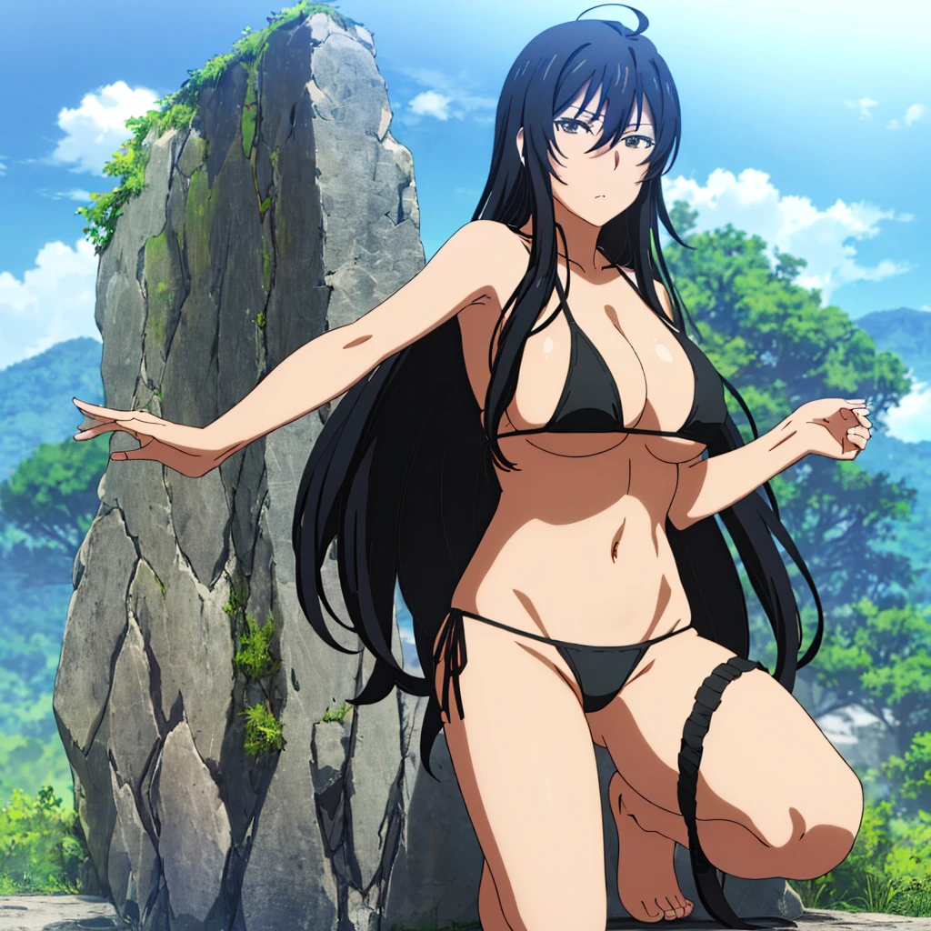 and,1 girl, 一with people, portrait, (big breasts), No expression, long hair, Ahoge, ((Clothes_black bikini,))stylish pose, perfect quality, good quality, masterpiece, HDR, UHD,looking at the viewer, in the center of the image,Show up to your knees,１with people, NSFW