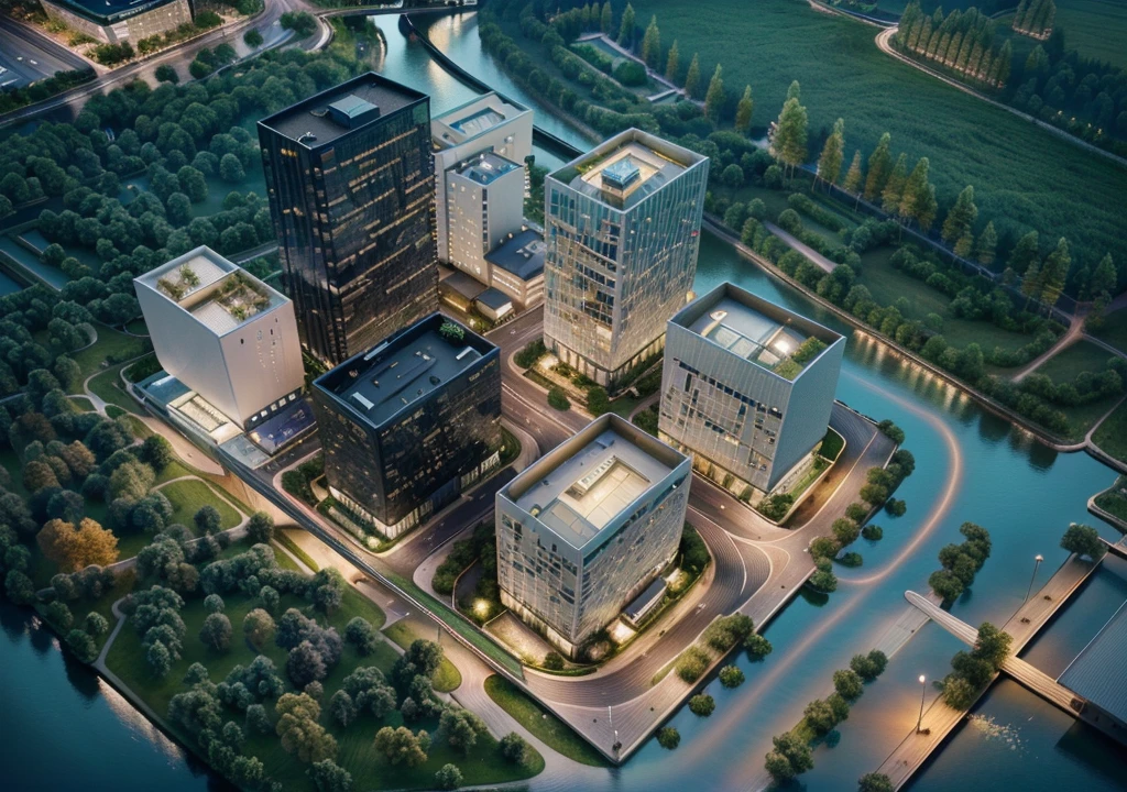Skyscraper office building with green trees at night, High-tech environment, clear focus illustration hq, hq very detailed, The above points, skyscraper forest community, City, There is a river in the distance, City建筑亮化, High field of view, High-rise buildings,masterpiece,High Detail,HD resolution,8K,Crisp, high-quality rendering