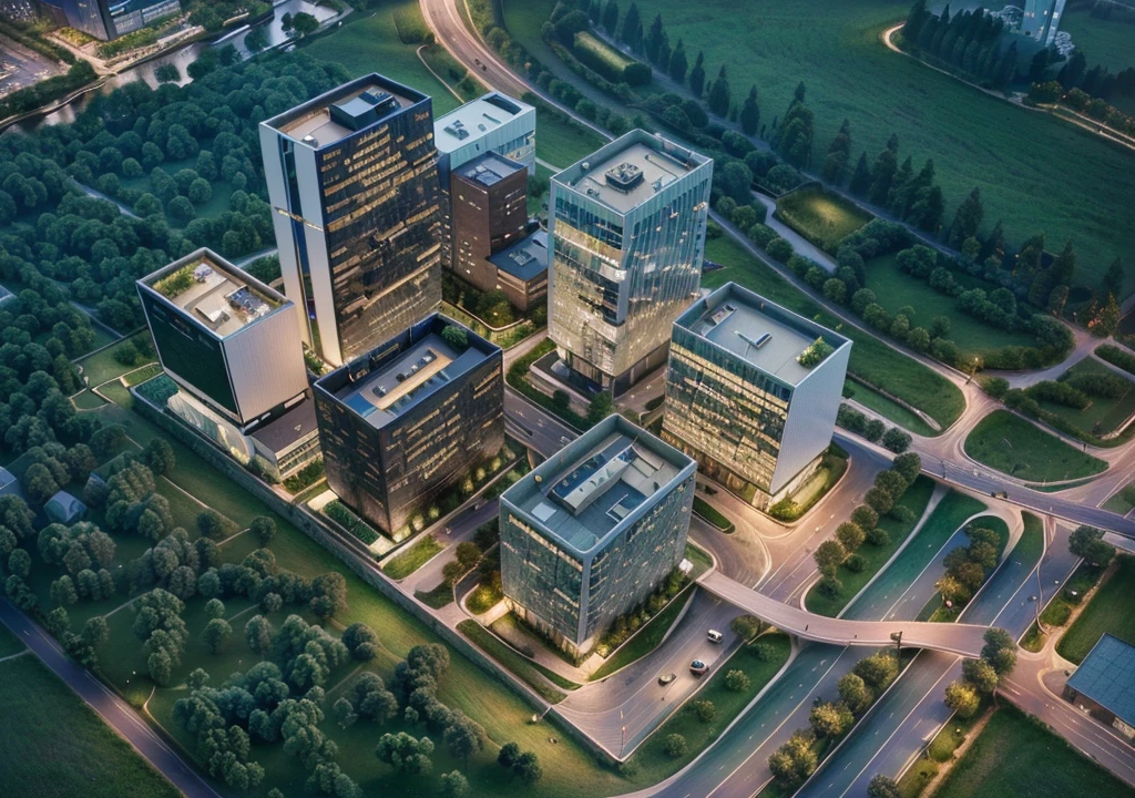 Skyscraper office building with green trees at night, High-tech environment, clear focus illustration hq, hq very detailed, The above points, skyscraper forest community, City, There is a river in the distance, City建筑亮化, High field of view, High-rise buildings，masterpiece，High Detail，HD resolution，8K，Crisp, high-quality rendering