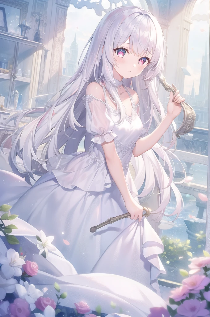 ((masterpiece, best quality))++, Detailed lighting+, Detailed hair+, Detail hand+ ,1 girl, Miss, Long hair, Crimson eyes, beautiful eyes, young white hair,,(Beautiful white hair:1.5),(Beautiful and delicate eyes), high resolution+,glass tint, Reflective eyes, {{angle}} , Very detailed wallpaper, The original, ,Sea of Flowers,Air bangs,city road,Extremely beautiful CG,