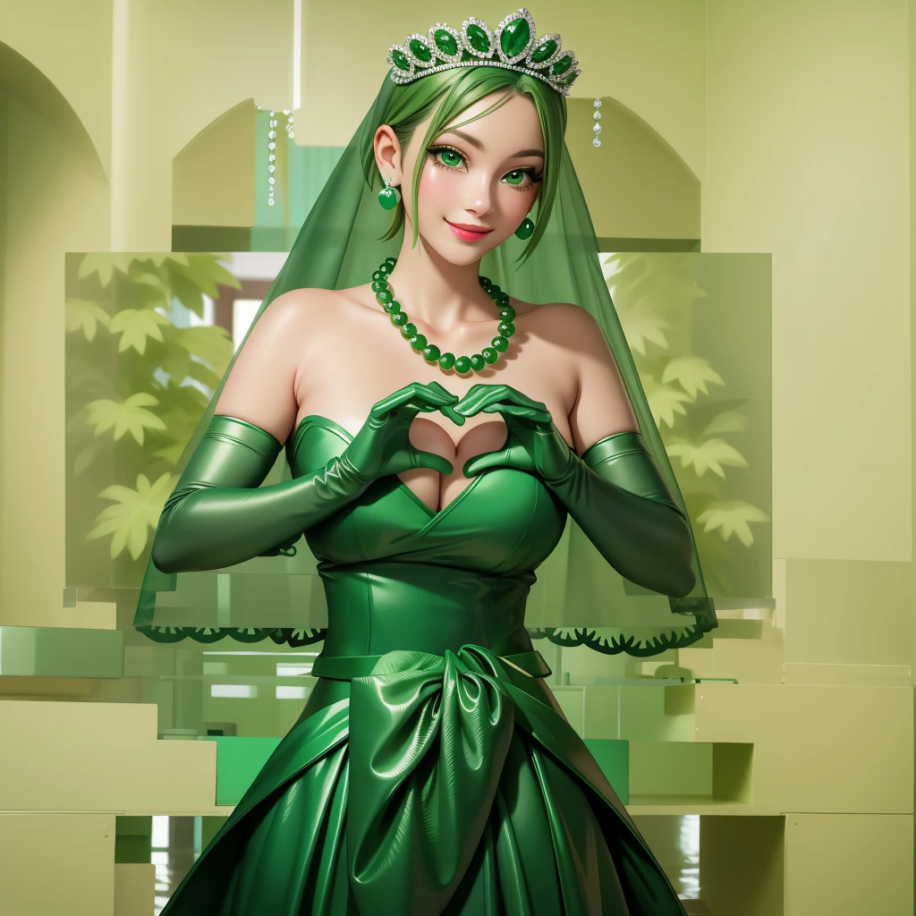 Emerald tiara, Green Pearl Necklace, ボーイッシュな非常に短いGreen Hair, Green Lips, Smiling Japanese woman, Very short hair, Busty beautiful lady, Green Eyes, Green satin long gloves, Green Eyes, Emerald Earrings, Green veil, Heart with both hands, Green Hair, Beautiful Japanese Woman, Heart shaped hands:1.3, green lip gloss