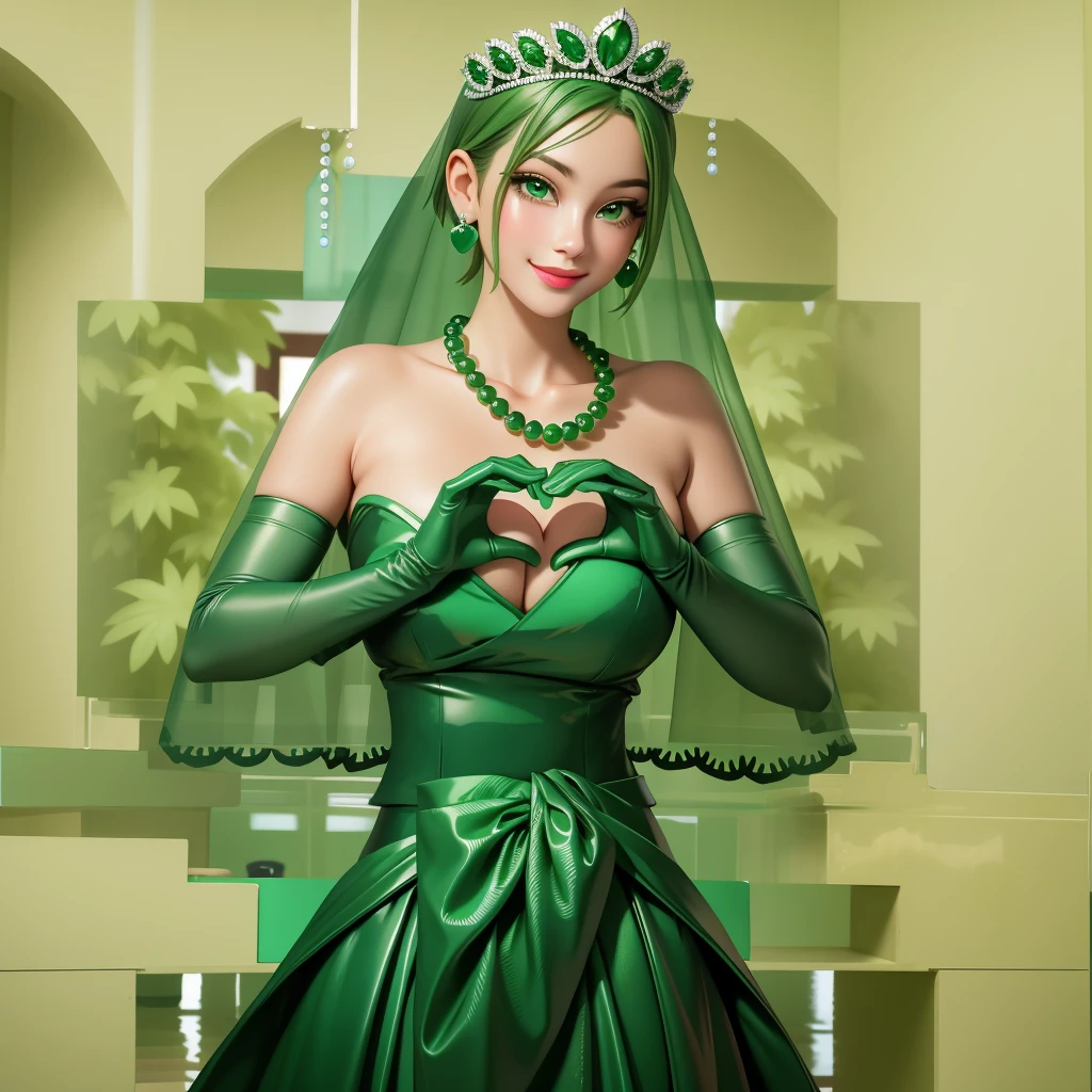 Emerald tiara, Green Pearl Necklace, ボーイッシュな非常に短いGreen Hair, Green Lips, Smiling Japanese woman, Very short hair, Busty beautiful lady, Green Eyes, Green satin long gloves, Green Eyes, Emerald Earrings, Green veil, Heart with both hands, Green Hair, Beautiful Japanese Woman, Heart shaped hands:1.3, green lip gloss