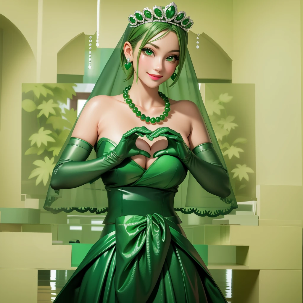 Emerald tiara, Green Pearl Necklace, ボーイッシュな非常に短いGreen Hair, Green Lips, Smiling Japanese woman, Very short hair, Busty beautiful lady, Green Eyes, Green satin long gloves, Green Eyes, Emerald Earrings, Green veil, Heart with both hands, Green Hair, Beautiful Japanese Woman, Heart shaped hands:1.3, green lip gloss
