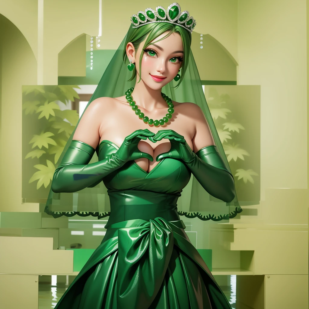 Emerald tiara, Green Pearl Necklace, ボーイッシュな非常に短いGreen Hair, Green Lips, Smiling Japanese woman, Very short hair, Busty beautiful lady, Green Eyes, Green satin long gloves, Green Eyes, Emerald Earrings, Green veil, Heart with both hands, Green Hair, Beautiful Japanese Woman, Heart shaped hands:1.3, green lip gloss