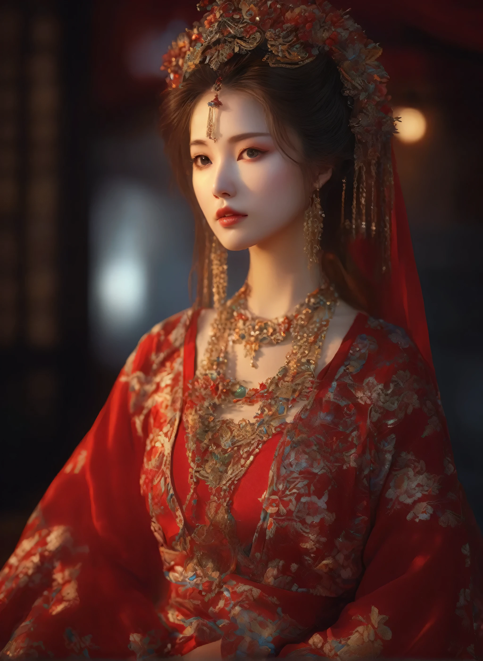 (masterpiece, best quality, Very detailed, The best shadow), (Detailed background), (Delicate face), High contrast, (Optimal lighting, Extremely refined), Colorful, Extremely detailed, Dramatic lighting, Beautiful background, Intricate details, (1 girl, Solitary, Colorful hair, Pointed face, Red Eyes, Hair between the eyes, Dynamic Angle, Red clothes), Looking at the audience, Blood,(Broken Gek Ring, in the room, whole body, Delicate eyes, beautiful eyes, 8K, 4K, best quality, masterpiece, beautiful eyes, realism