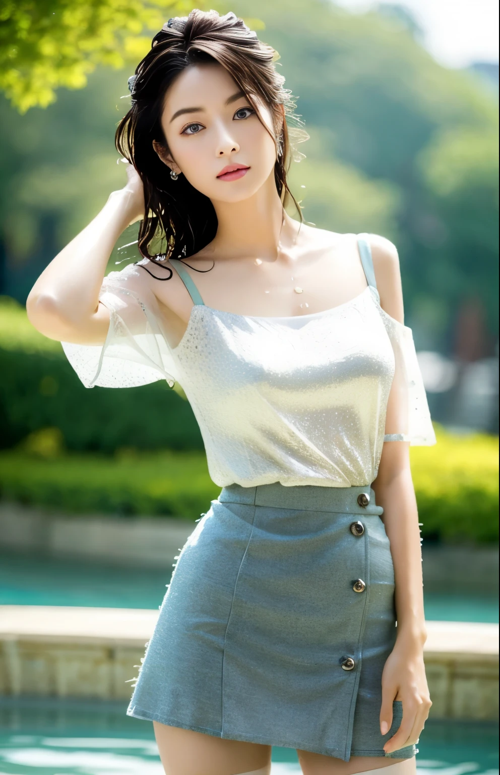 (Masterpiece), Top quality, Very detailed, (Watercolor), Flowers, Delicate and beautiful, Platinum hair, (bottom), (1 girl: 1.4), (Solo: 1.2),, (Wet blouse: 1.3), Wet blouse shoulder to shoulder, cured, Bare shoulders, (lower:1.2), Beautiful eyes, (hairy hair), Photos, Over the shoulder photography, Alex Maleyev, Pro, Canon Camera, Nikon Camera, Sharp, Bokeh, Studio Quality, Fisheye, Robert Capa, Photorealistic, Ultra High Resolution, Complex, Ultra Detailed, (Skindentation), Cute, Female, Detailed Body, (Detailed Face: 1.1), (Contoured Iris), (Hydro Color Lens), (Perfect Eyes), 4K, Gorgeous, (Masterpiece: 1.2), (Best Quality: 1.2), Some beautiful women, dresses, seductive poses, extreme hourglass figures, clubs, dances, ((miniskirts: 1.4))