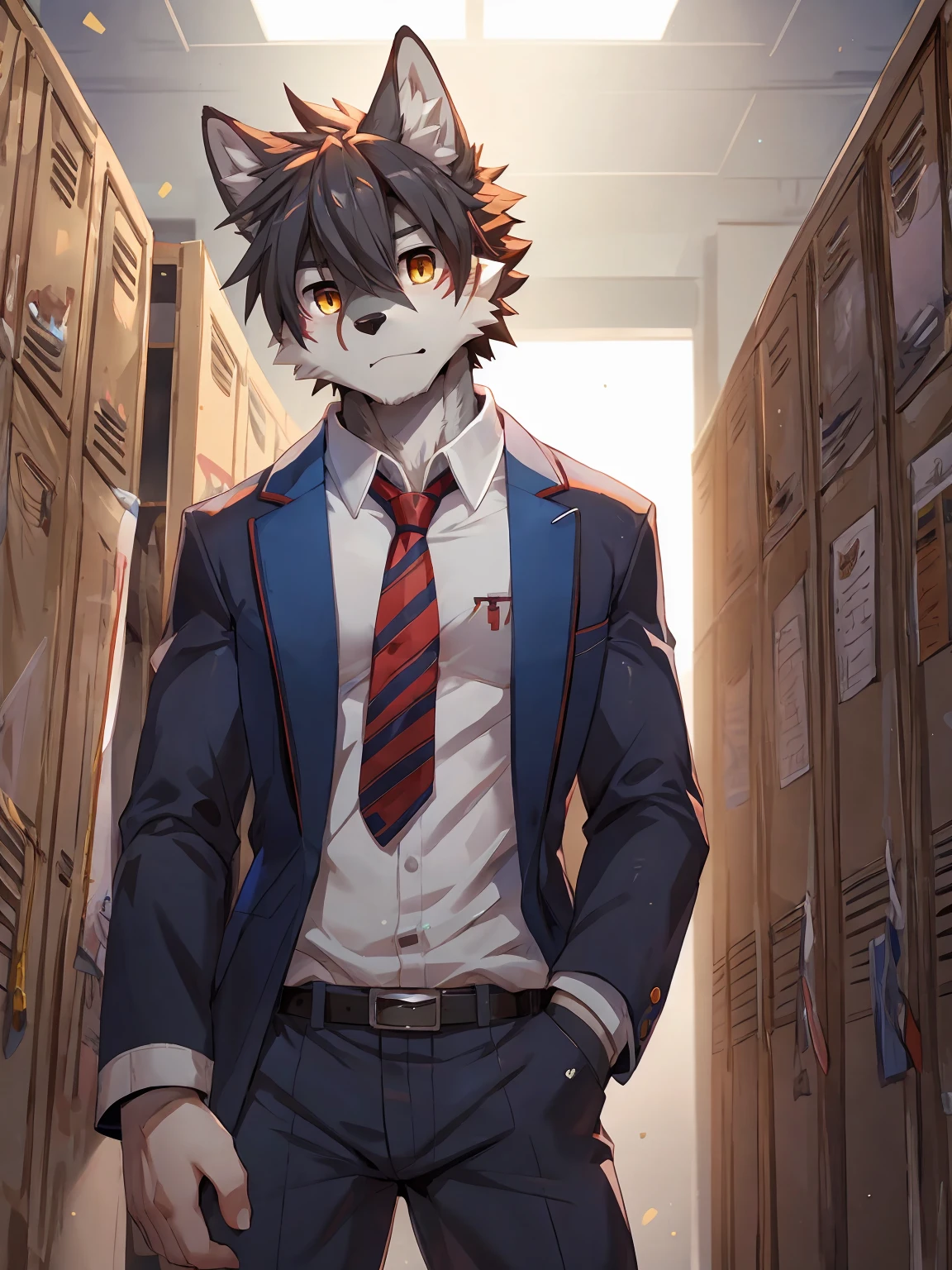 embedding:Gray wolf,Golden Eyes，Single Person,a scar on the face.Gray fur，High school students,male school uniform,Scratch head,Standing by the school locker,Nervous,Male.Thin,Handsome,Smart,Nervous,Best quality hands, best quality eye，detailed fur，Delicate eyes.Extreme picture quality，by sollyz,by zixiong,by null_ghost