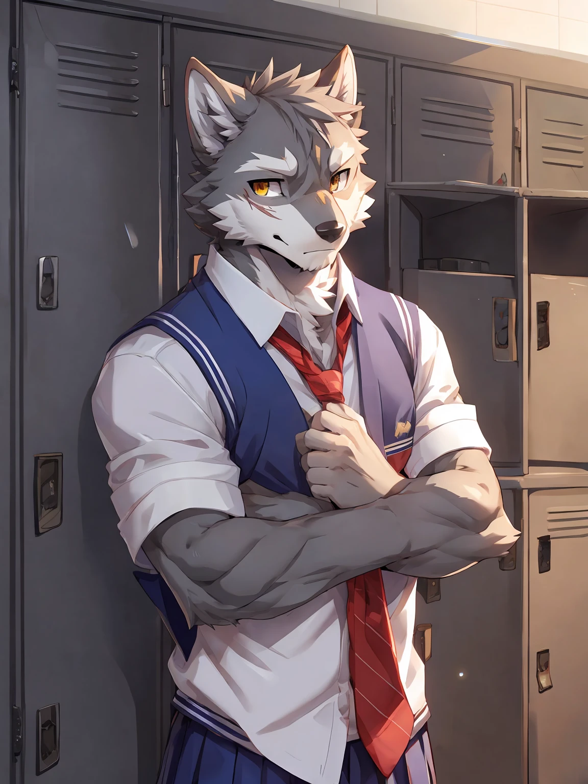 embedding:Gray wolf,Golden Eyes，Single Person,a scar on the face.Gray fur，High school students,male school uniform,Scratch head,Standing by the school locker,Nervous,Male.Thin,Handsome,Smart,Nervous,Best quality hands, best quality eye，detailed fur，Delicate eyes.Extreme picture quality，by sollyz,by zixiong,by null_ghost