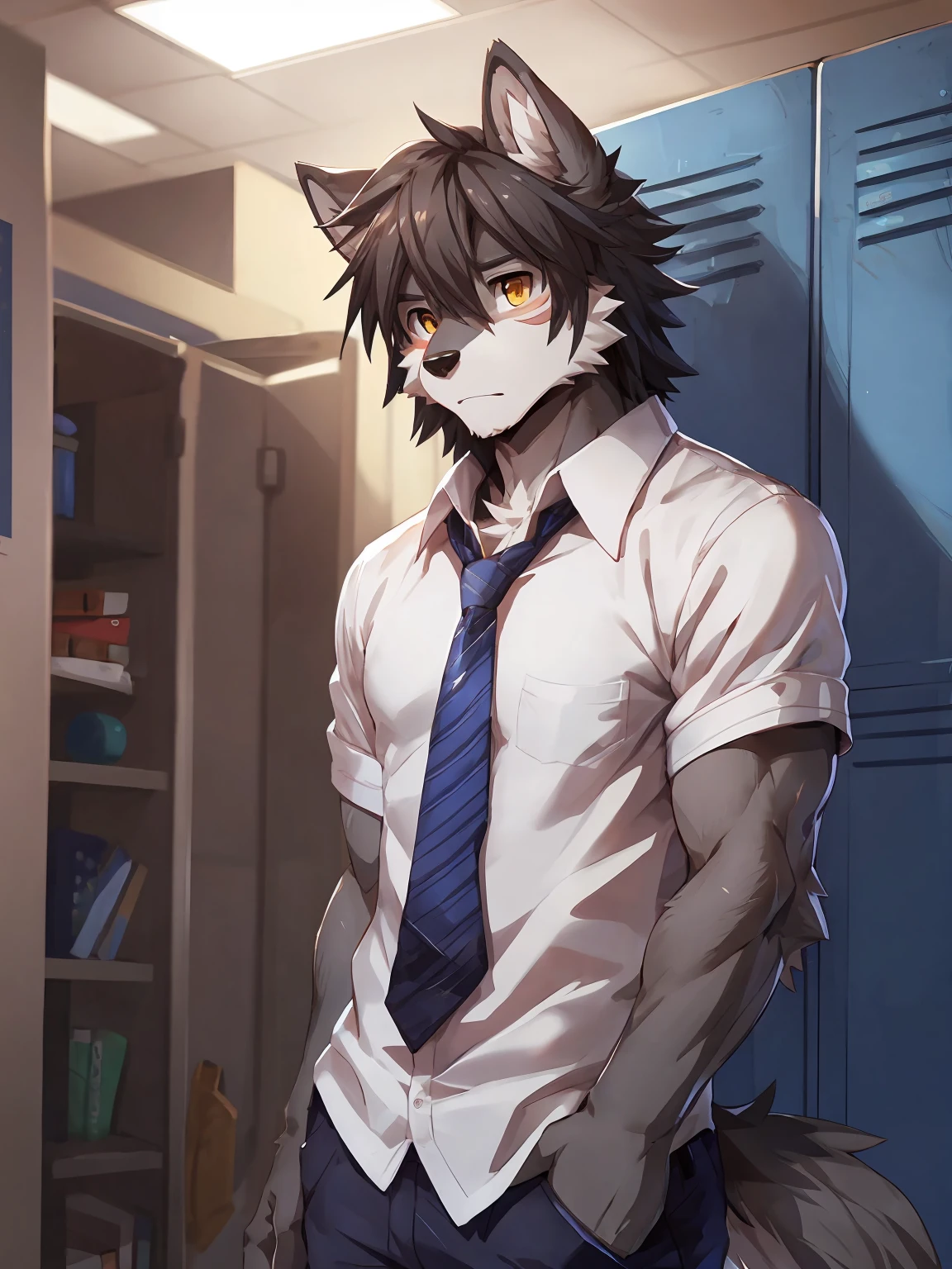 embedding:Gray wolf,Golden Eyes,Single Person,a scar on the face.Gray fur,High school students,male school uniform,Scratch head,Standing by the school locker,Nervous,Male.Thin,Handsome,Smart,Nervous,Best quality hands, best quality eye,detailed fur,Delicate eyes.Extreme picture quality,by sollyz,by zixiong,by null_ghost