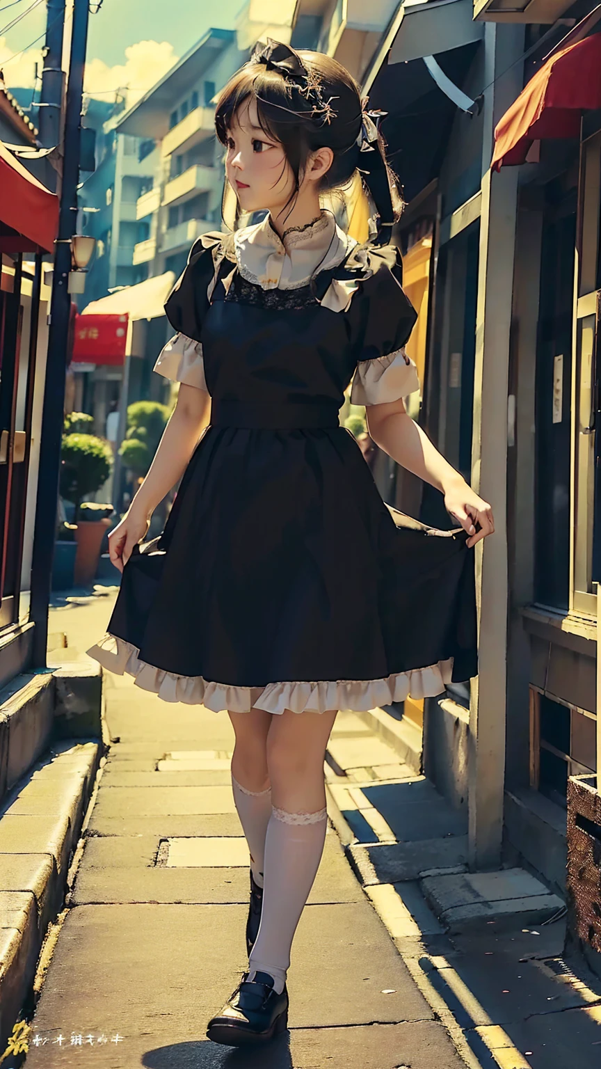 (Highest quality, masterpiece:1.2), pressure, 1. A floating maid, Her face is a cat, Sidewalk in the shopping street。She jumped into the air。She is floating in the air。(Hollow:1.2), (floating:1.2), She floats。 levitation。 Very detailed(空に浮かぶ女性のプロのphotograph:1.37)、Bend your legs slightly、The skirt spreads out slightly。Depth of written boundary, High resolution, 超High resolution, 8K, Very detailed, Realistic, Sun light。Maid work clothes。Ribbons, lace, frills and skirts。knees。photograph。