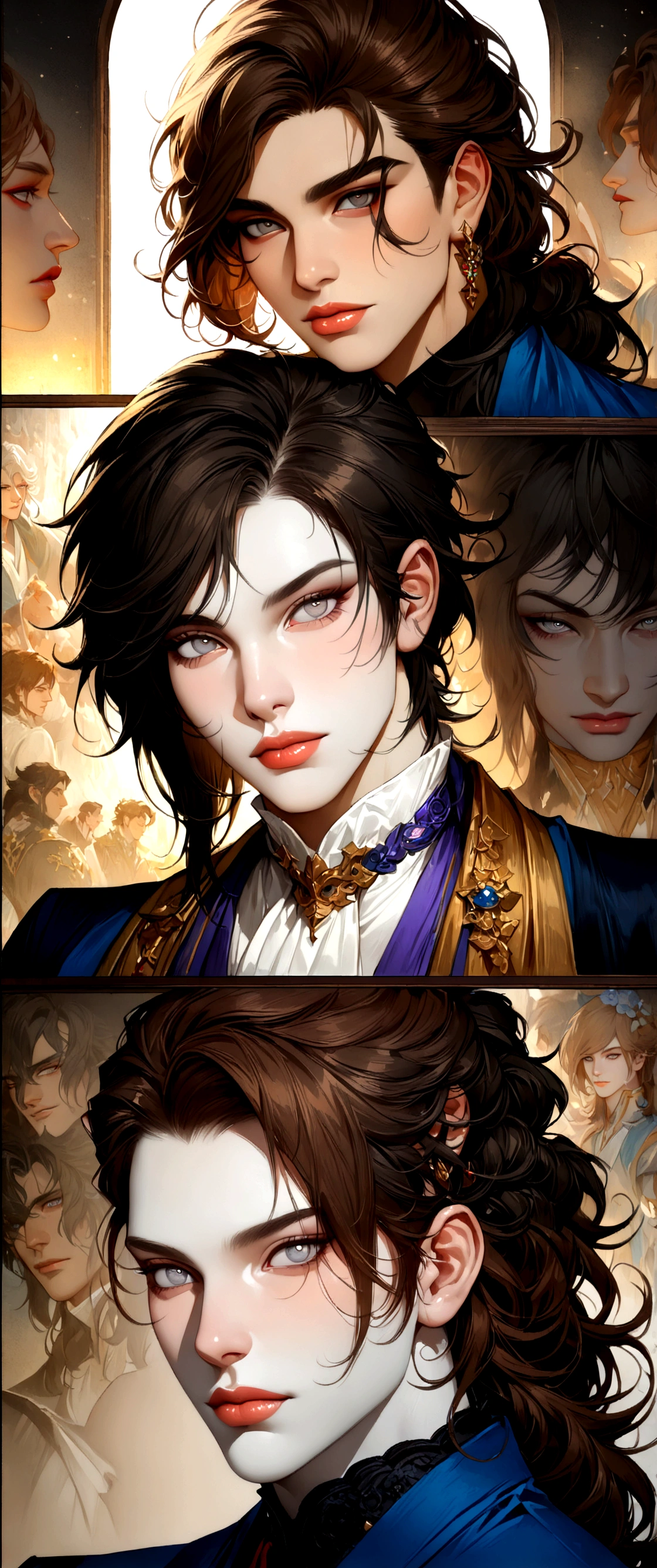 ((a close up of a person in a suit blue suit with golden details (pale skin dark brown hair and grey eyes), delicate androgynous prince, beautiful androgynous prince, caleb from critical role, highly detailed exquisite, handsome guy, highly detailed character, hyperdetailed fantasy character, handsome male vampire, wolfgang lettl highly detailed, detailed character portrait, official character, handsome stunning realistic)),((grey eyes)),official art, unity 8k wallpaper, ultra detailed, aesthetic,((masterpiece)), best quality, photorealistic,((fantasy)),((pale skin)),((man&girl)),((sensual eyes)),((detailed eyes)),((detailed face)),((detailed body)),((badboy face)),((badboy)),((handsome)),((modeling poses)),((model)),((juicy lips)),((kimono)),((perfect hairstyle)),((perfect v shape head)),((free posing)),((posing like model)),((modeling poses)),((messy bangs)),((cool)),((body)),((50mm lens)),((fullbody)),((longshot picture)),((standing posing)),((androgynous pose)),((standing in background)),((light setting from right)),((head staring at right)),((candid))